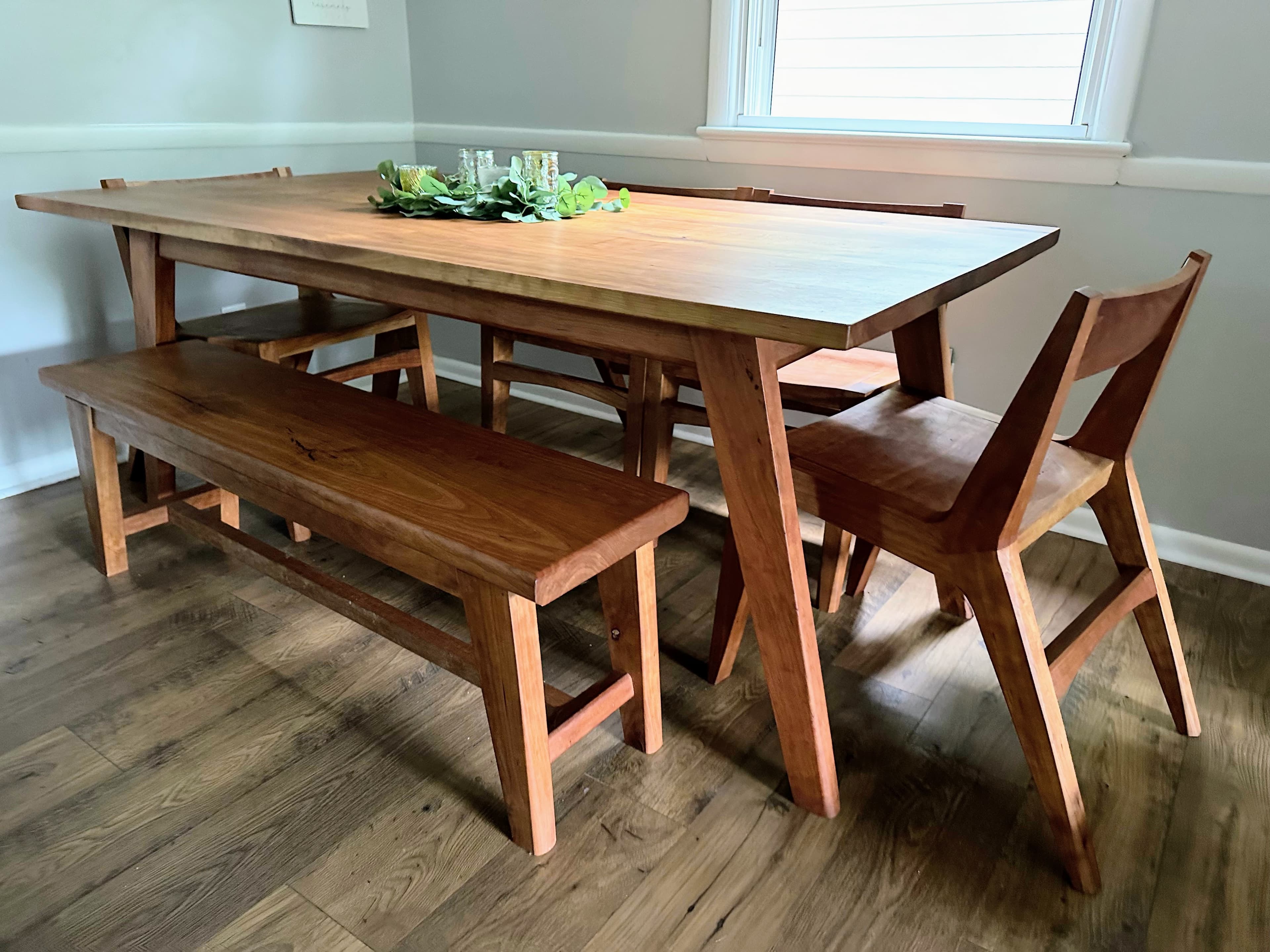 Cherry Dining Table, Chairs, and Bench
